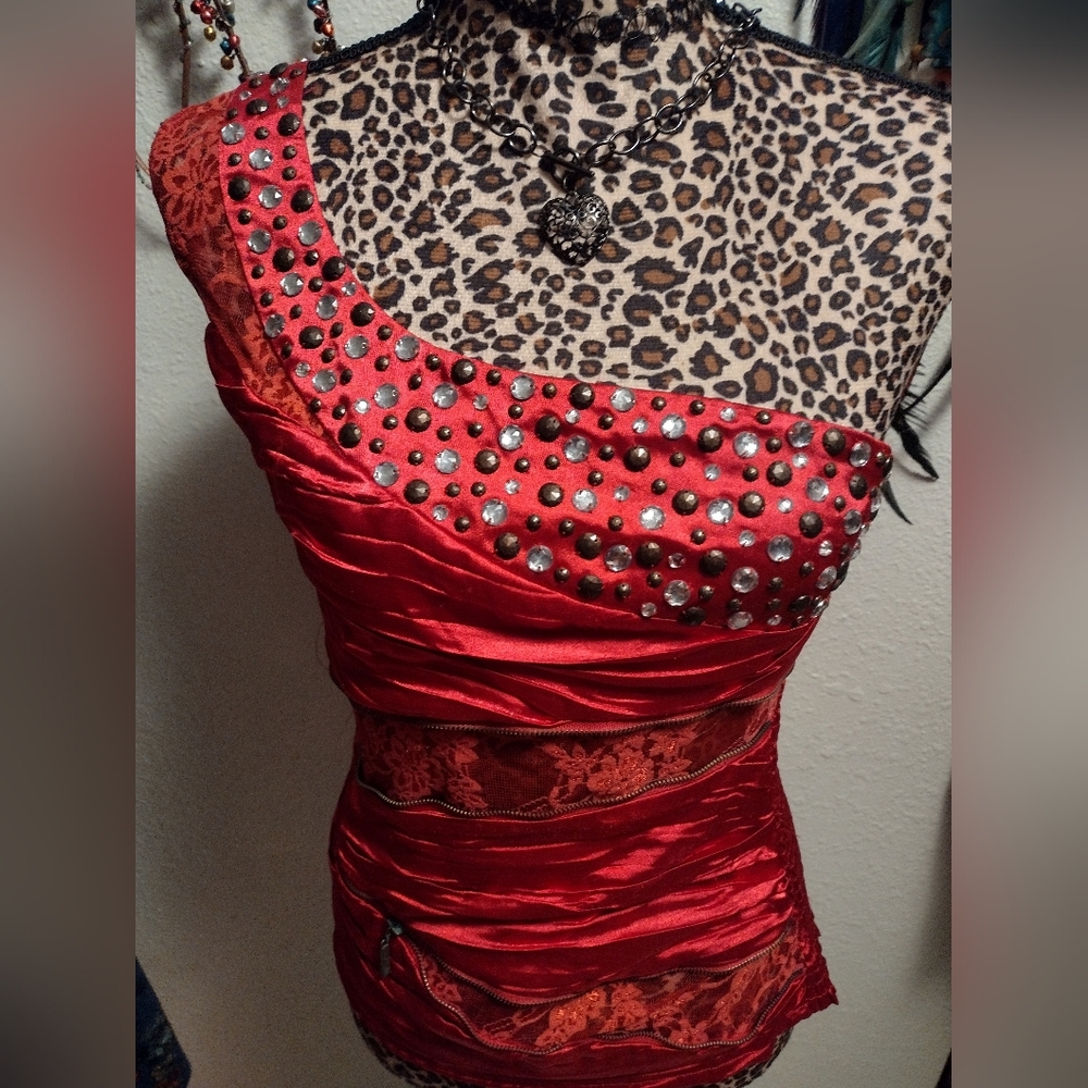 Y2K Marineblu Lace Embellished Zipper Top